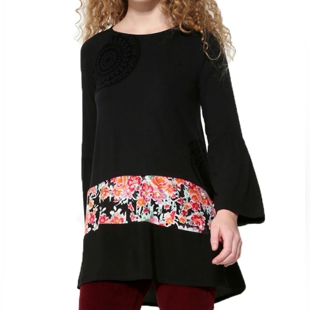Desigual “Audrey” Bell Sleeve Top with Floral Detail in Black Size Medium